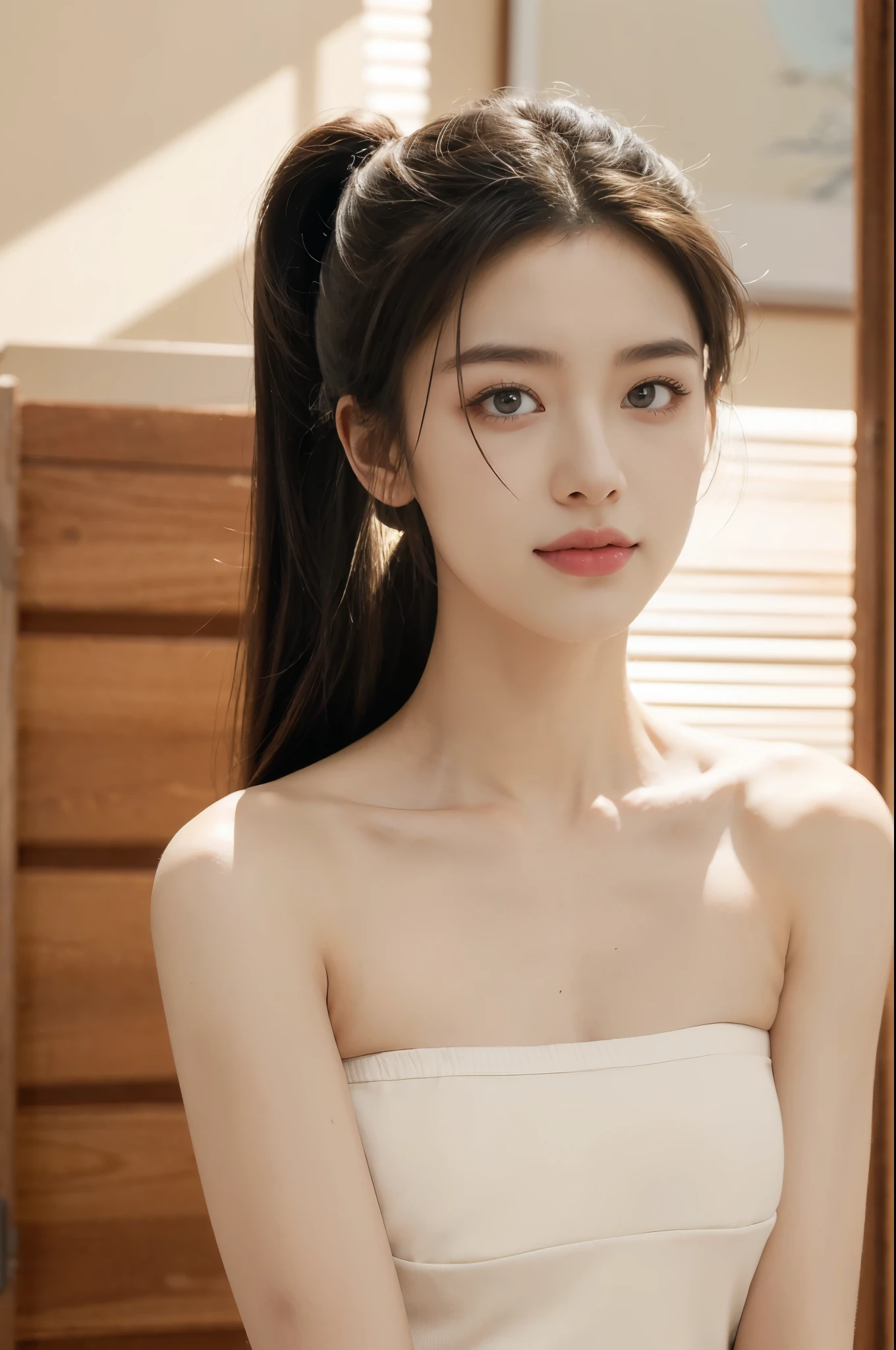 (((best quality))),(((ultra detailed))),(((masterpiece))),illustration,1girl,solo,short ponytail,slim,thin,small breasts,flat chest,strapless white bra,in kendo gym,focused and determined expression,ready for challenge,slender and elegant face,confident and resilient,fair skin,blush,neat teeth,bright smile,clean and tidy uniform,wooden gym floor,wall,pine scent,standard grip,ready to slice through obstacles,strong belief,determination,spirit of resilience,admiring,((from front,close-up of face))