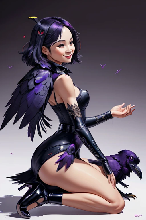 (playing with a raven:1.4).Beautiful Japanese woman, Short, beautiful figure, cute butt. elegant black dress, high heels, (smile). Masterpiece, best quality,(highly detailed:1.2),(detailed face and eyes:1.2), 8k wallpaper, natural lighting. core shadows, high contrast, bokeh.