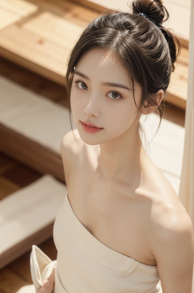 (top-quality、8K、32K、masterpiece、nffsw:1.2)、Photo of a cute Japanese woman、large full breasts、very short bobbed hair、The upper part of the body、sface focus、White camisole、a necklace、Omotesando Hills、From above、looking at the viewers、extremely delicate face, Skin and hair