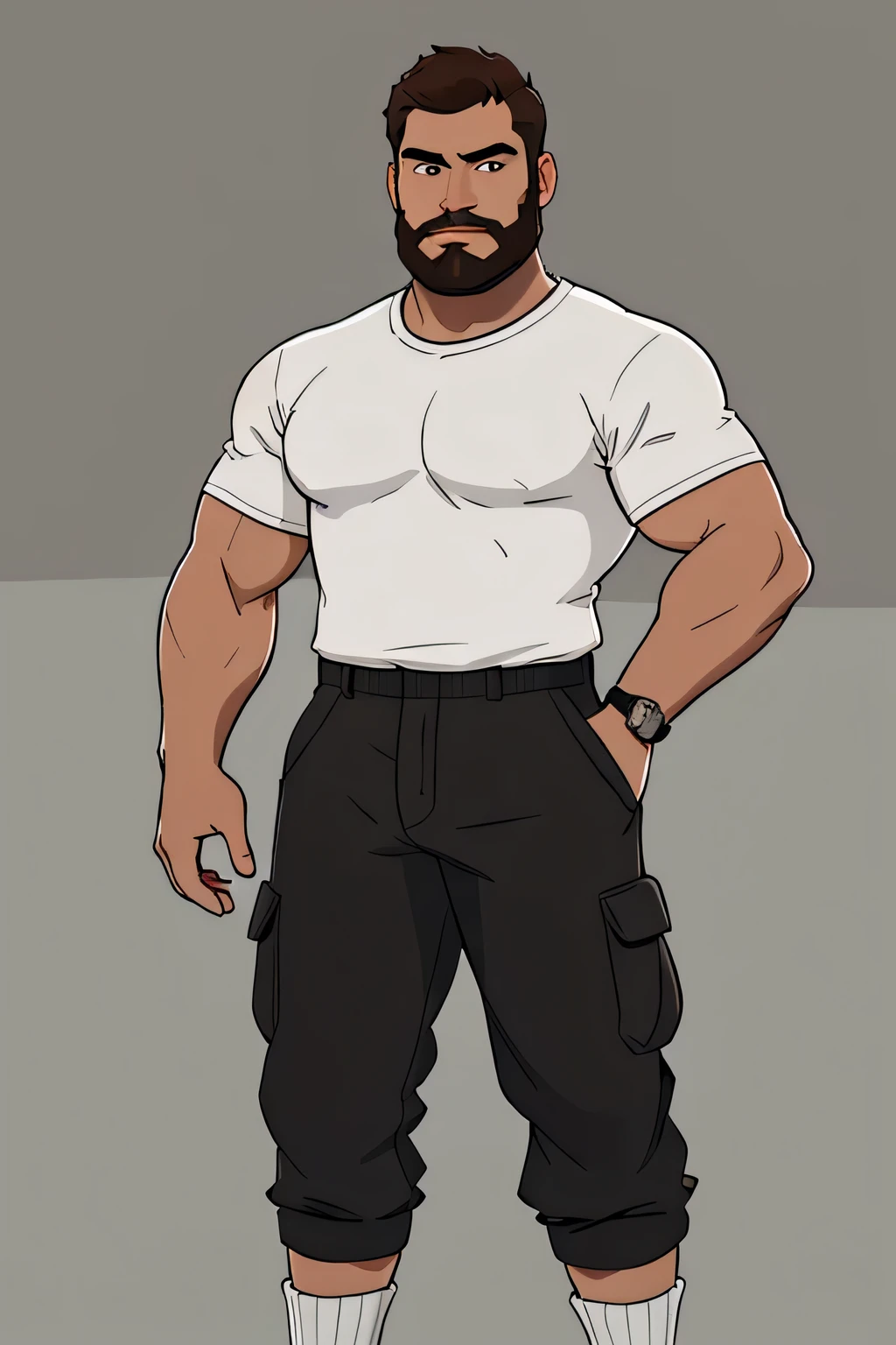 close up 1man in, bearded, Solo, brown hair, messy brown hair, short hair, dark eyes,  taned skin, heavy set, big boned, strong, thick body, manicured beard, grey strip in beard, detailed skin, neutral face, (wearing t-shirt, cargo pants, watch, socks: 1.1), (straight on view: 1.22), (detailed living room background:1.1), 4k textures, soft light, elegant, highly detailed, sharp focus, soothing tones, insane details, intricate details, hyperdetailed, low contrast, exposure blend, hdr, faded