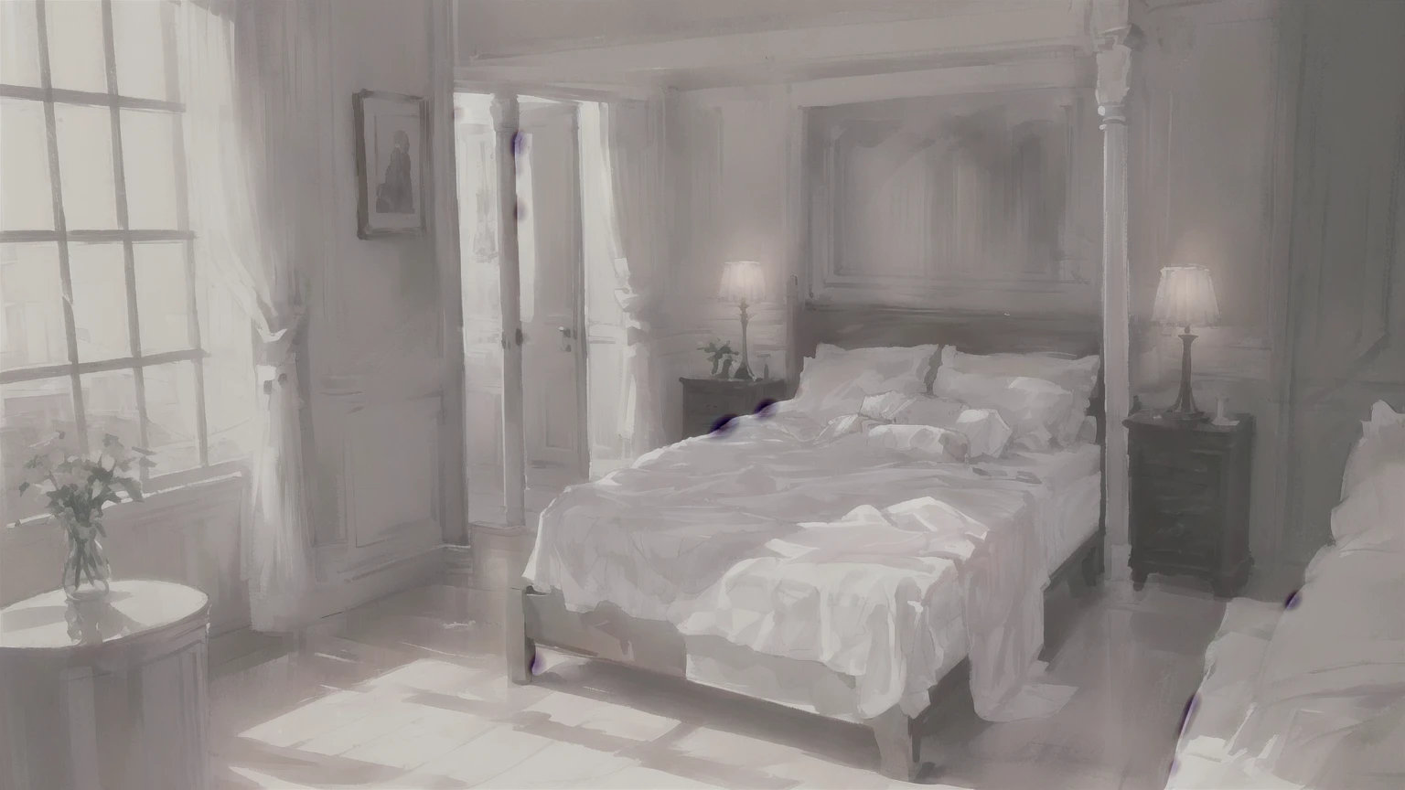 there is a bed with a canopy in a room with white walls, Unreal Engine ; Romantic Theme, bedroom background, bed is not made, dim bedroom, in a bedroom, Photorealistic Room, Cream colored room, bed room, inside of a bedroom, Dreamlike atmosphere and drama, bed, soft light 4 k in pink, Photorealistic cinematic rendering, white bed