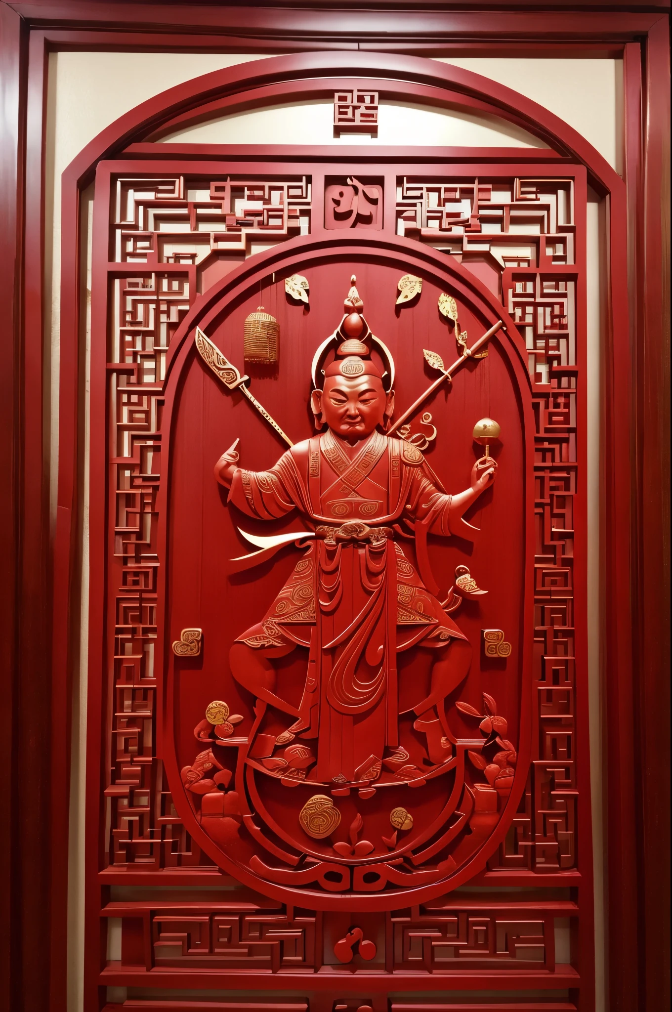 Kitchen God,God of Wealth,Chinese style,Traditional paper cutting,New Year Pictures,Red hue,symmetry,geometry,Folklore,Chinese Door Gods,poster,flat,HD,Ingots,Mahogany sword