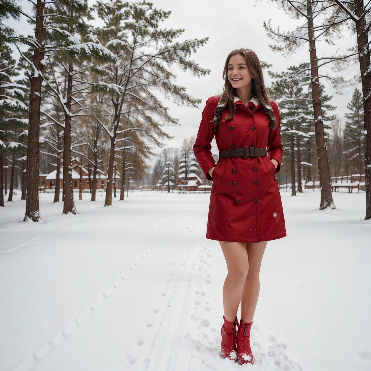 Make a german girl with medium breast, long hair, brown hair, Red long winterjacket , smiling, with open zipper, with face, body, Lakeside house, travel bag,Nude woman standing in the snow wearing a red dress