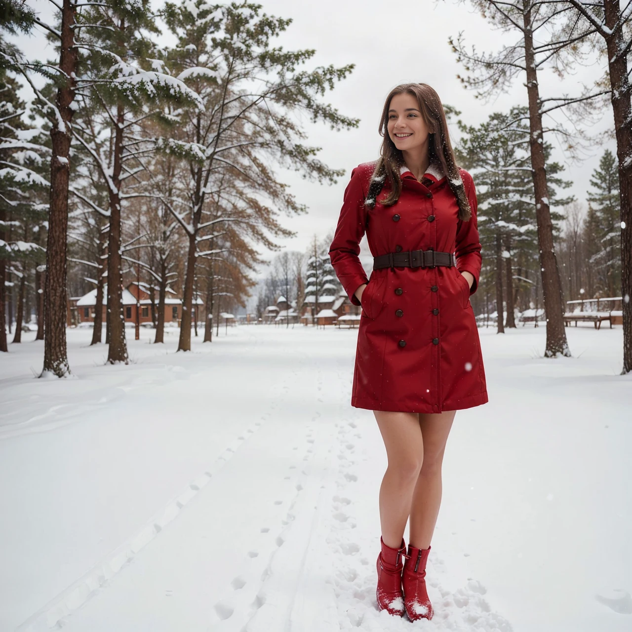 Make a german girl with medium breast, long hair, brown hair, Red long winterjacket , smiling, with open zipper, with face, body, Lakeside house, travel bag,Nude woman standing in the snow wearing a red dress