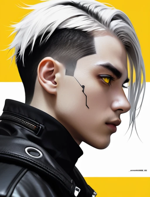 Cyberpunk,hyperrealistic, 1 boy with black and white hair,Profile,yellow background, yellow eyes