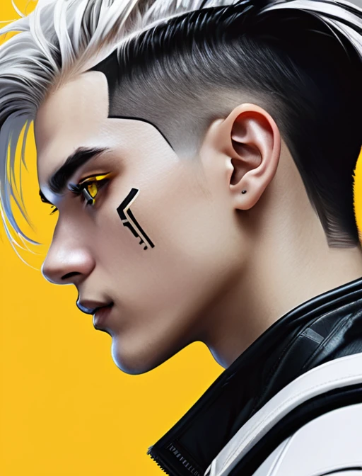 Cyberpunk,hyperrealistic, 1 boy with black and white hair,Profile,yellow background, yellow eyes