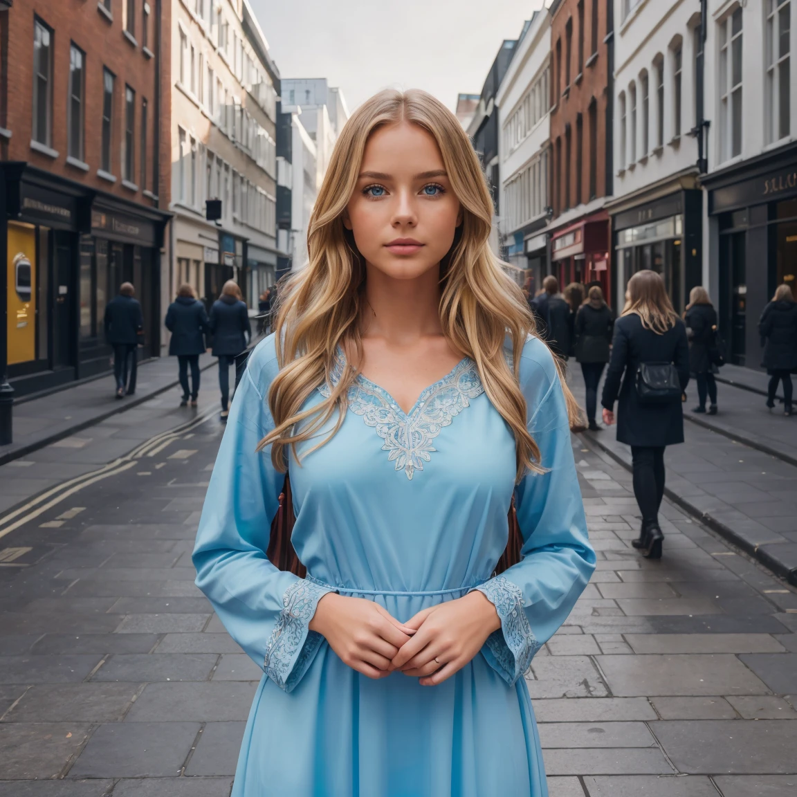 professional portrait photograph of a gorgeous ,Norwegian girl Lise Olsen in london with long wavy blonde hair,blue eye,sultry flirty look, gorgeous symmetrical face, cute natural makeup, wearing red gown, ((standing outside in city street)), stunning modern urban environment, ultra realistic, concept art, elegant, highly detailed, intricate, sharp focus, depth of field, f/1. 8, 85mm, medium shot, mid shot, (((professionally color graded))), bright soft diffused light, (volumetric fog), trending on instagram, hdr 4k, 8k