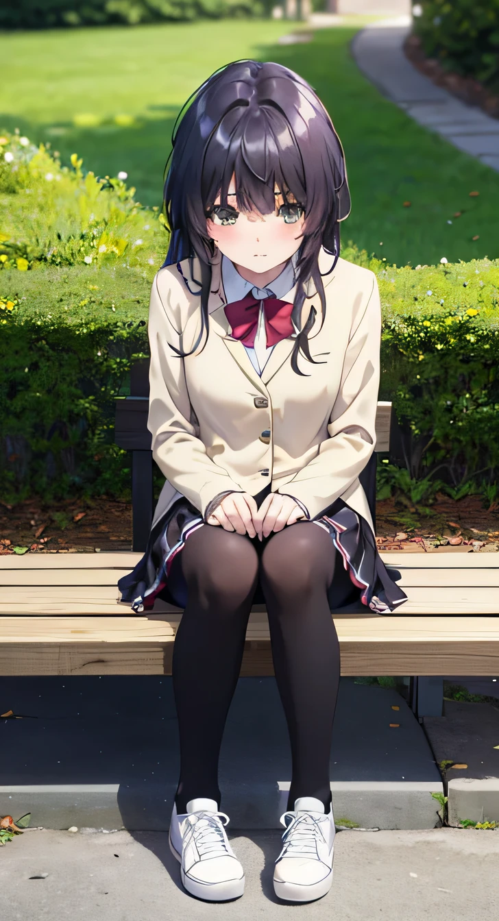 high quality, masterpiece, High resolution, (Head to Toe full body), front, frontComposition from slightly below, Symmetric, Tall 18 year old girl, alone, (Head to Toe), (Small breasts), Black Hair, bangs, (sneakers),(black tights) (Sit with your legs apart), (Crouching pose), (Sit on a bench with your legs spread), (M-shaped feet),、 Thin legs, Very beautiful tall 18 year old girl, (), blush, Shy big eyes, Looking into the camera, blazer uniform, Checkered Pleated Skirt