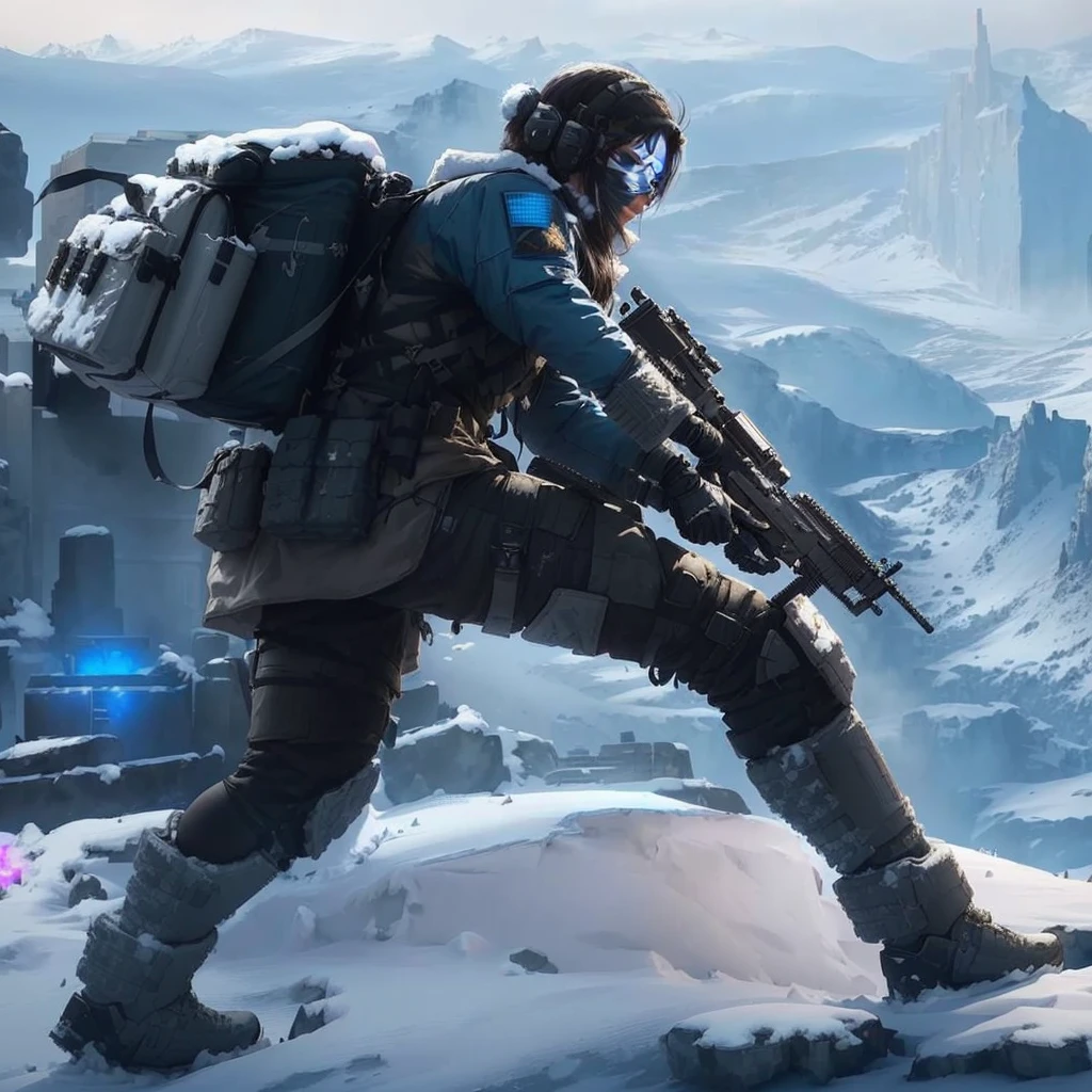 Holding a gun on the snowy mountain、Arav soldier with backpack, Winter concept art, FPS Game Concept Art, Future soldiers, Sci-fi soldier, Cyberpunk Soldier, Ghost from Apex Legends, fps shooter game, Stunning 8k character concept art, Frostbite 3 rendering, Mechanized female soldier, Similar to Ernest Khalimov's concept art