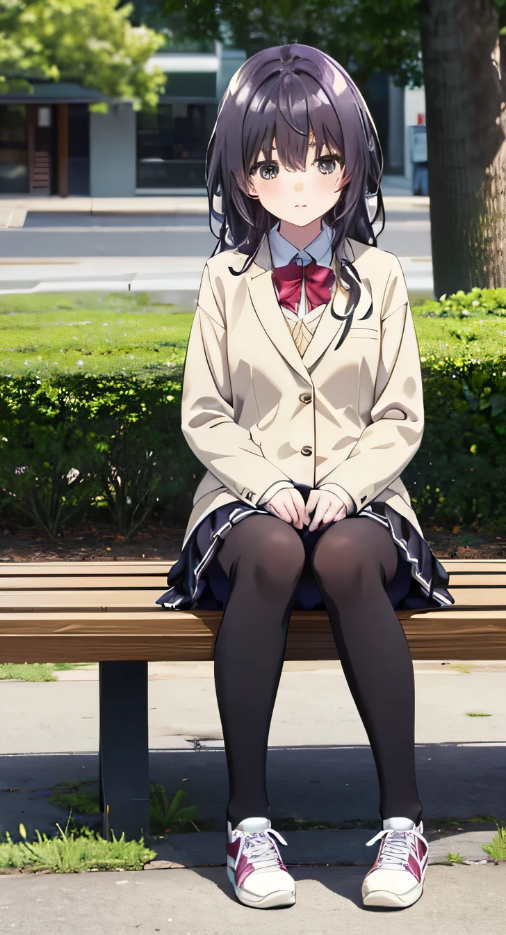 high quality, masterpiece, High resolution, (Head to Toe full body), front, frontComposition from slightly below, Symmetric, Tall 18 year old girl, alone, (Head to Toe), (Small breasts), Black Hair, bangs, (sneakers),（black tights） (Sit with your legs apart), (Crouching pose), (Sit on a bench with your legs spread), (M-shaped feet),、 Thin legs, Very beautiful tall 18 year old girl, (), blush, Shy big eyes, Looking into the camera, blazer uniform, Checkered Pleated Skirt
