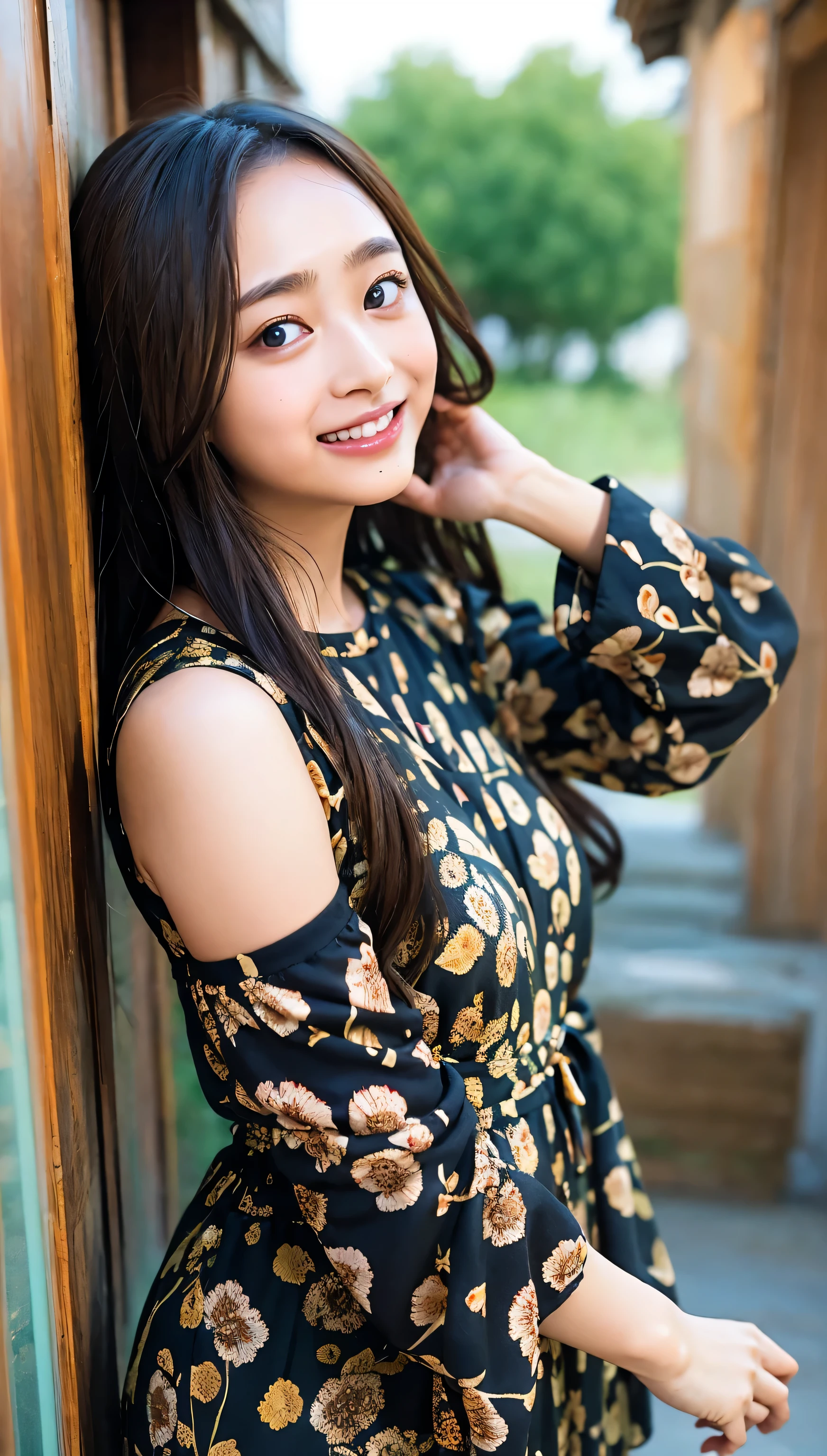 cowboy shot,Ultra-high resolution,big eyes,(brown eyes),Japanese,(forehead),(a girl),(1 girl),((17 years old)),((cute)),pretty,((facing at viewer)),arms behind back,grin,outdoor
