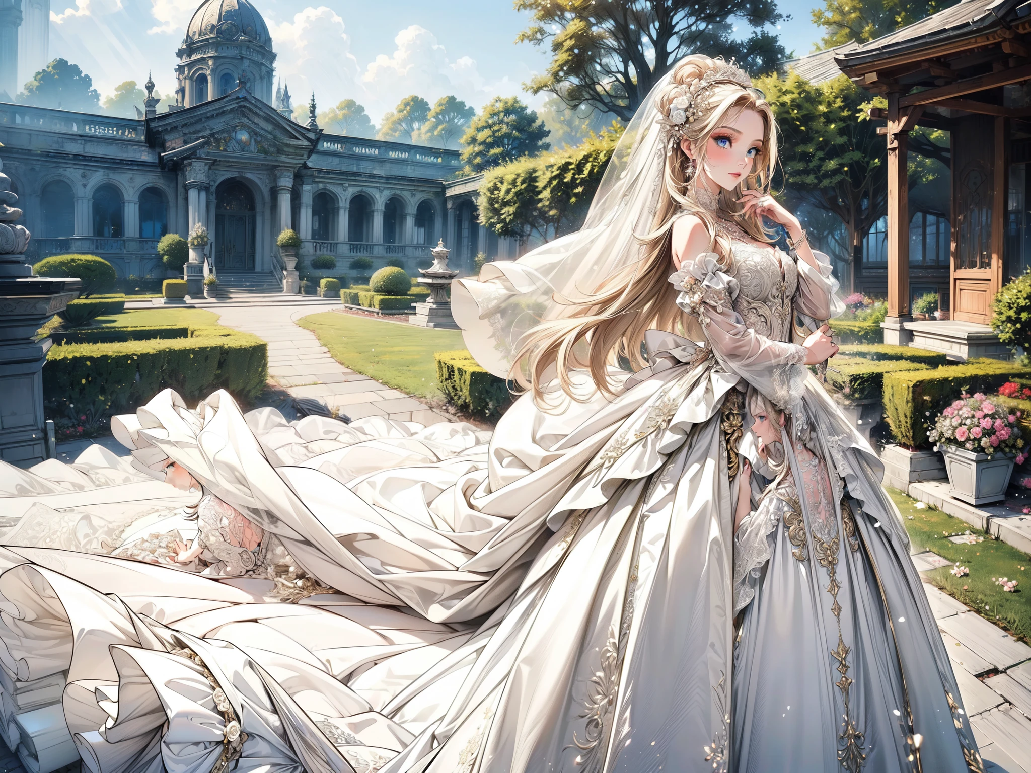 (masterpiece, best quality, beautiful and aesthetic:1.3), look back, side view, 1girl, solo, light smile, (makeup, long hair, light beige hair, blue eyes:1.2), bridal veil, lace-trimmed dress, see-through, wedding dress, outdoors, white roses, garden, morning, standing, extreme detailed, 