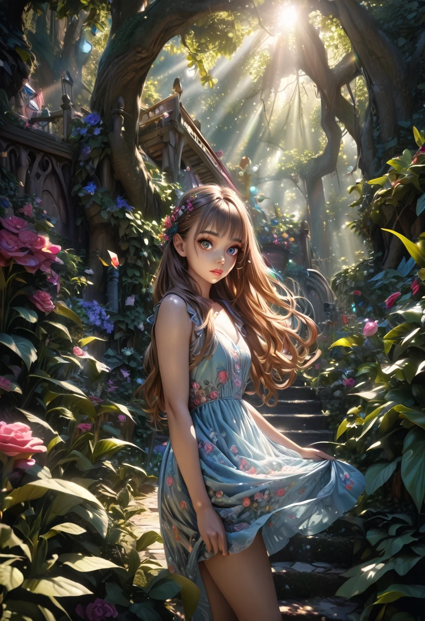 a cute girl with big eyes, long hair, detailed face, beautiful detailed eyes, beautiful detailed lips, extremely detailed eyes and face, longeyelashes, soft skin, wearing a colorful dress, standing in a whimsical fantasy garden, sunlight filtering through the trees, vibrant colors, magical atmosphere, intricate details, cinematic lighting, (best quality,4k,8k,highres,masterpiece:1.2),ultra-detailed,(realistic,photorealistic,photo-realistic:1.37)