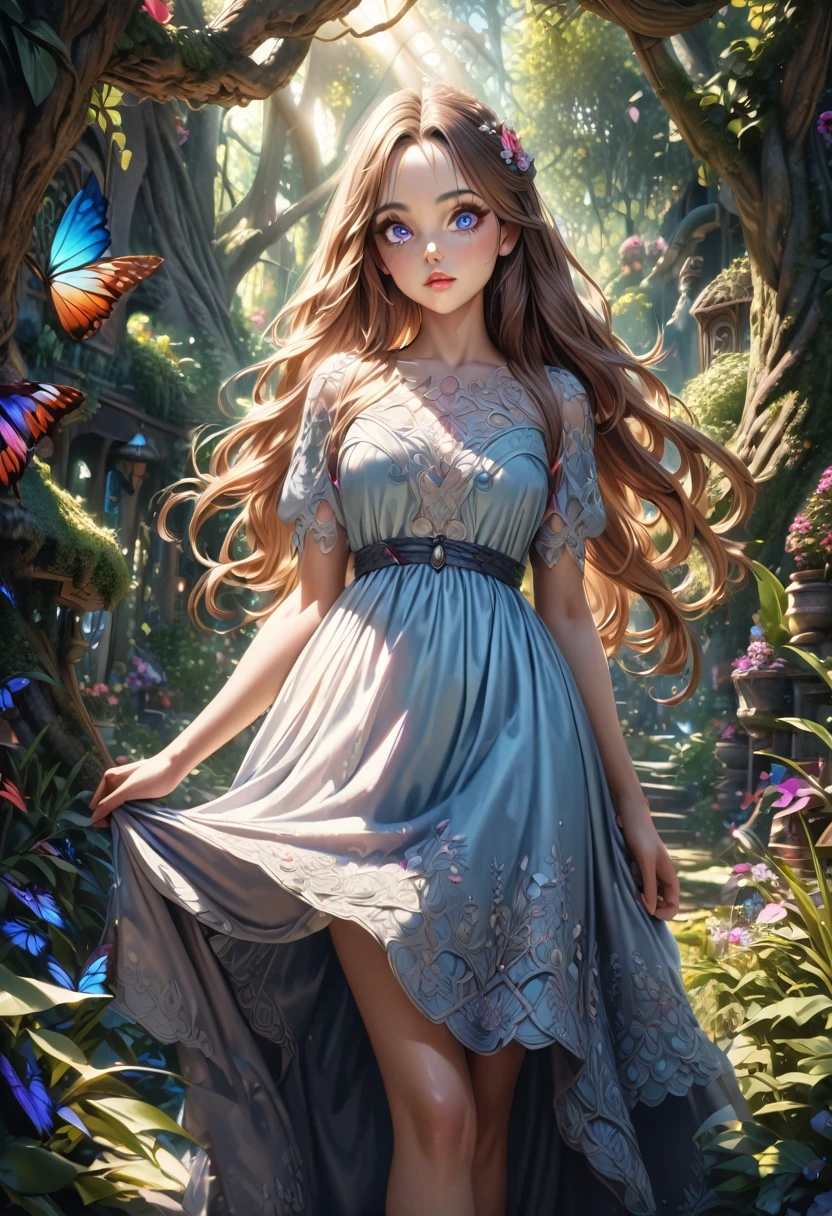 a cute girl with big eyes, long hair, detailed face, beautiful detailed eyes, beautiful detailed lips, extremely detailed eyes and face, longeyelashes, soft skin, wearing a colorful dress, standing in a whimsical fantasy garden, sunlight filtering through the trees, vibrant colors, magical atmosphere, intricate details, cinematic lighting, (best quality,4k,8k,highres,masterpiece:1.2),ultra-detailed,(realistic,photorealistic,photo-realistic:1.37)
