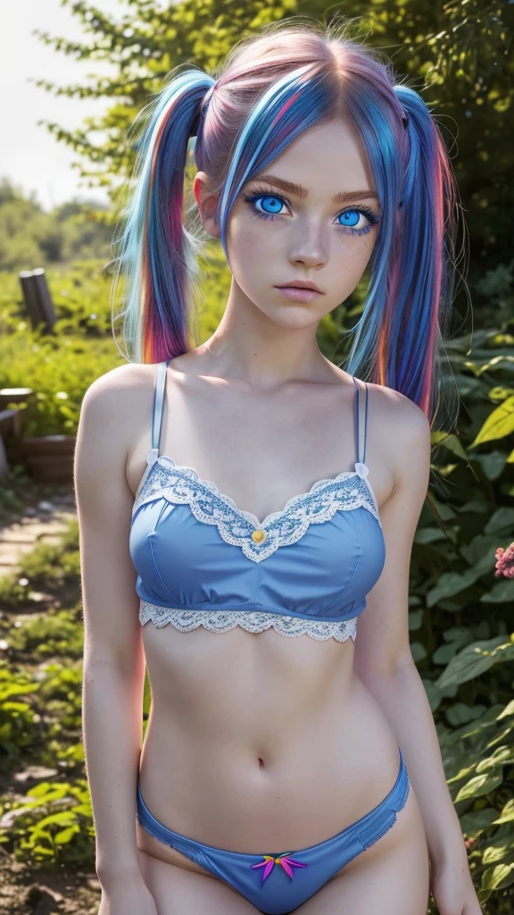 1 girl, solo, (nsfw), cute redhead 18-year-old girl in twin tails, (perfect female body), (cute face make up), multiple (rainbow colored hair: 1.2), (beautiful detailed blue eyes: 1.6), (photo realistic eyes: 1.6), happy, Ukrainian, (petite body), (small hips), pale white skin, (mini lace fabric camisole), ("post apocalyptic garden" style background), (day time:1.2), photo realistic.