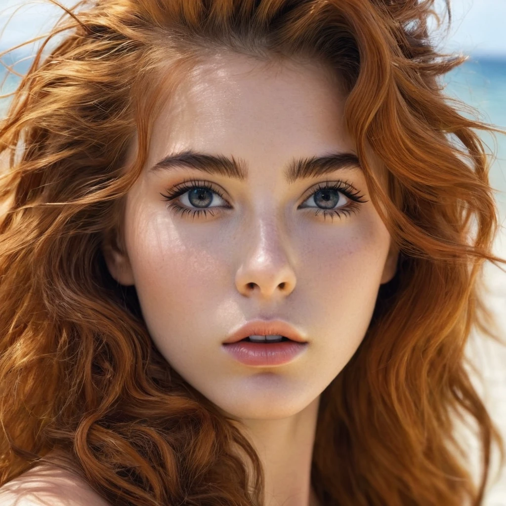 A sexy 18 year old, tumbler ruiva, ((black eye color)) , sardines on the face, big hair, face perfect, c(Ultra realistic and detailed 14k photo quality) (same face) (same hair) BEST QUALITY ON THE BEACH WITH SEXY BIKINE,