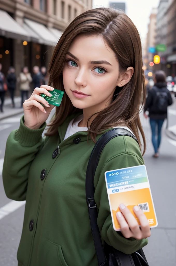 I want a photo of an emotion from the Pixar film hilariously brown hair green eyes holding a credit card
