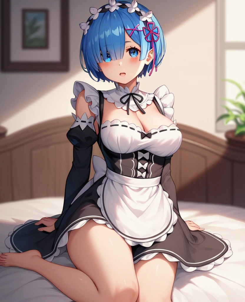 (((Pixel Perfect, Perfect detail))),girl,((Re:Zero Rem))(((Rem-style maid headband))),(whole body)Big Breasts, ((Bangs that hide the right eye))excessive cum((Blue Hair)Roswaal Mansion Maid Uniform,