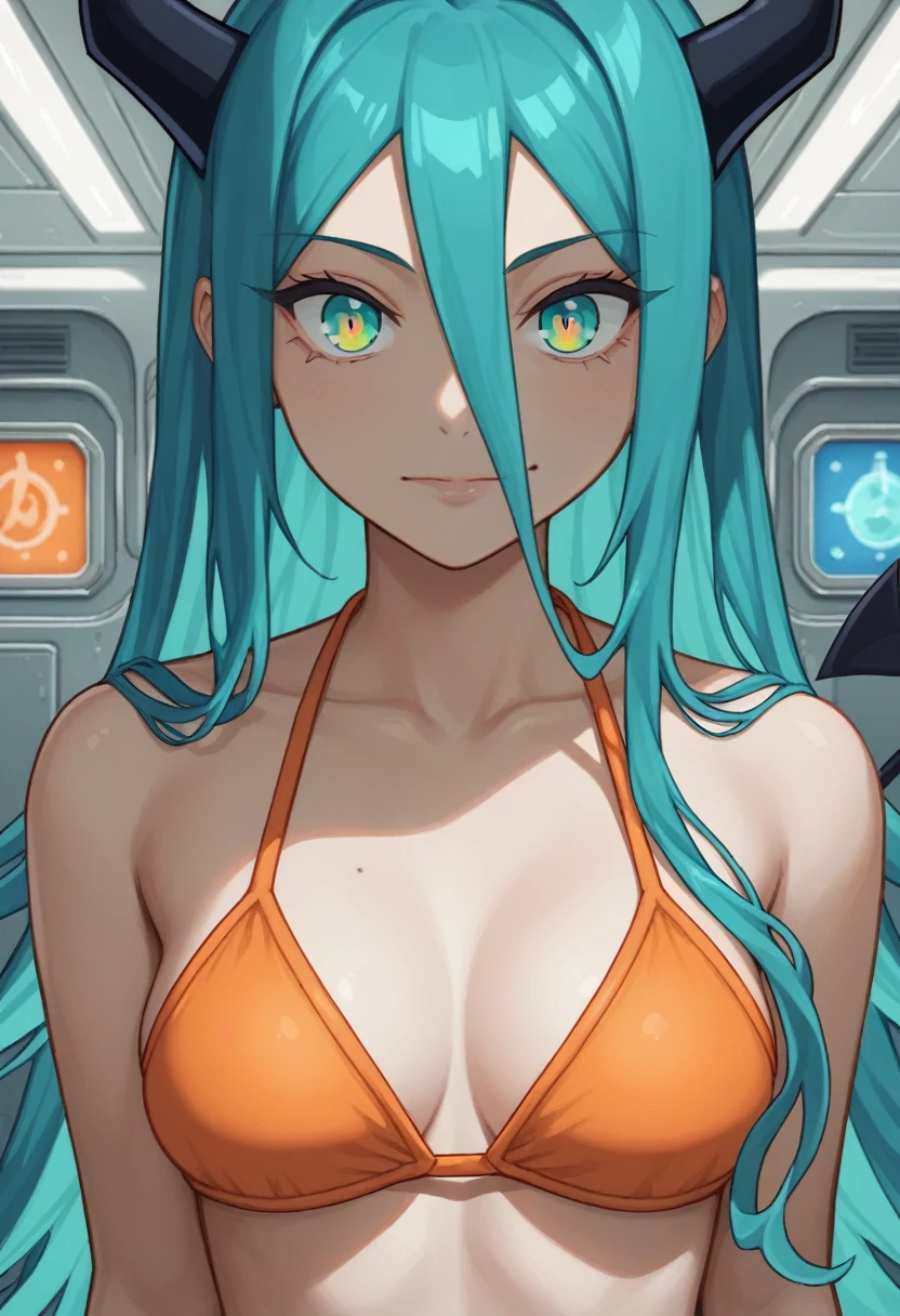 score_9, score_8_up, score_7_up,1 daemon woman, black demon horns, black demon tail, (aquamarine hair),aquamarine green color hair,ahoge, long hair, (long hair),bangs, light orange bikini, bikini is orange, bikini orange, orange bikini!, (aquamarine eyes), background is spaceship, aquamarine eyes, 1woman ,facing viewer, daemon girl, close up,Well-endowed, alone, Spacecraft interior