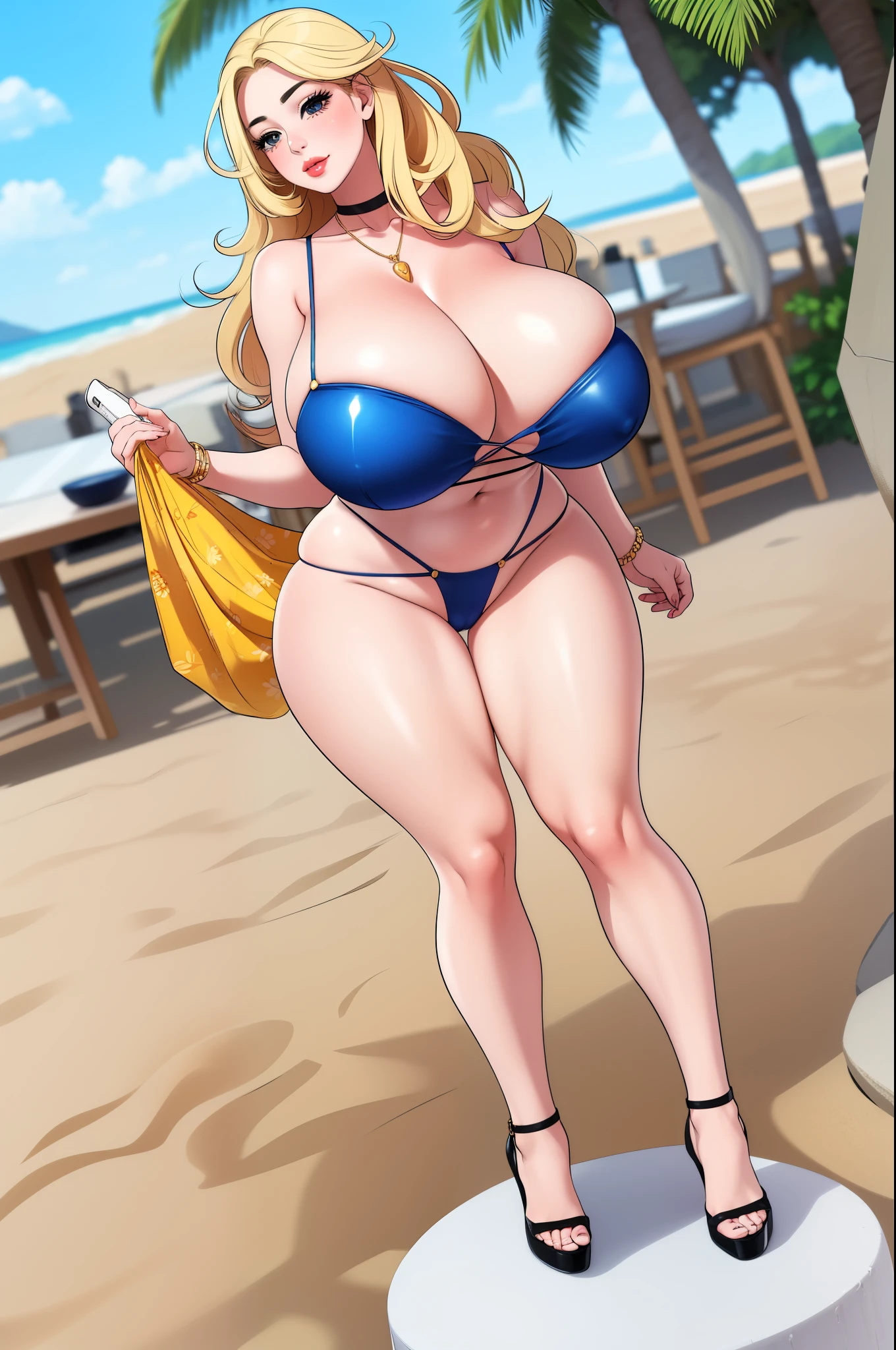 High resolution, Marikawa Shizuoka, 1 girl, ((bimbo))), long blond hair, yellow eyes, puffy lips, thick lips, wide hips, thick thighs, huge ass, enormous natural breasts, mature woman, erotic face, blushing, shiny skin,  micro bikini, beach house, drinking drinks, alcohol, party, dancing,  full body,