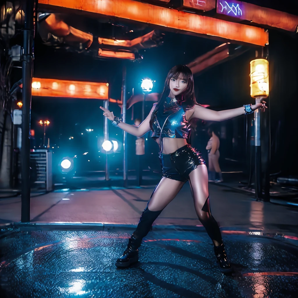 A photograph of the bustling streets of Yaowarat taken by a 800mm lens of the Sony A90, featuring a girl who looks like Lisa, with long, flowing black hair styled in loose waves. She's adorned with a sequined vest, the centerpiece being a large, black star that gleams under the midnight sky. The vest is paired with long, black, high-gloss pants that accentuate her powerful stance. The full moon hangs low in the sky, casting an ethereal glow over the scene. The girl is captured mid-dance, her energy electrifying the crowd gathered around her. Add some neon signs in the background and text "LISA ROCKSTAR" in this picture
