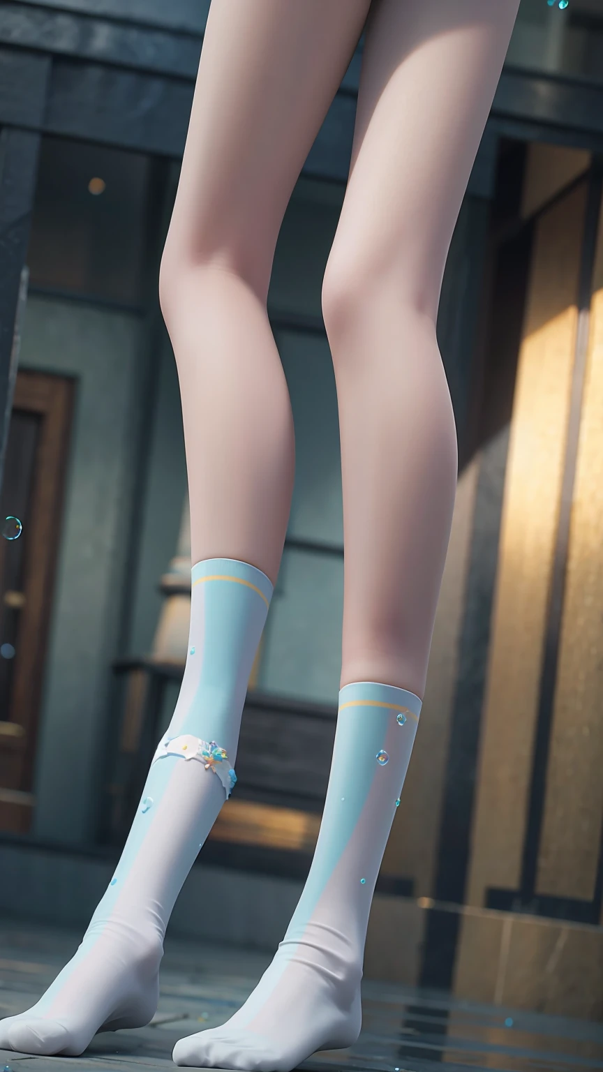 (masterpiece), (best quality), (Official Art, Extremely detailed CG unity 8k wallpaper), (Very detailed), ((absurd)), 1 Girl, Medium shot, (Exquisite facial features),(Seraph:1.3) ((SFW)),((Clear Hands)), ((White knee-high socks(No shoes))),Aqua eyes, Colored contact lenses, star in eye, (((Colored bubbles))), Multicolored Glass, (The album cover)