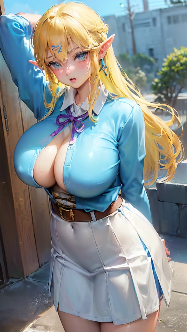 (((link(the legend of the zelda and school uniform covered body))),((gender bender,yellow hair,blue_eyes,cowboy shot,hair between eyes)),((milf,42 years old,huge breasts and breasts swelling,school uniform covered body))