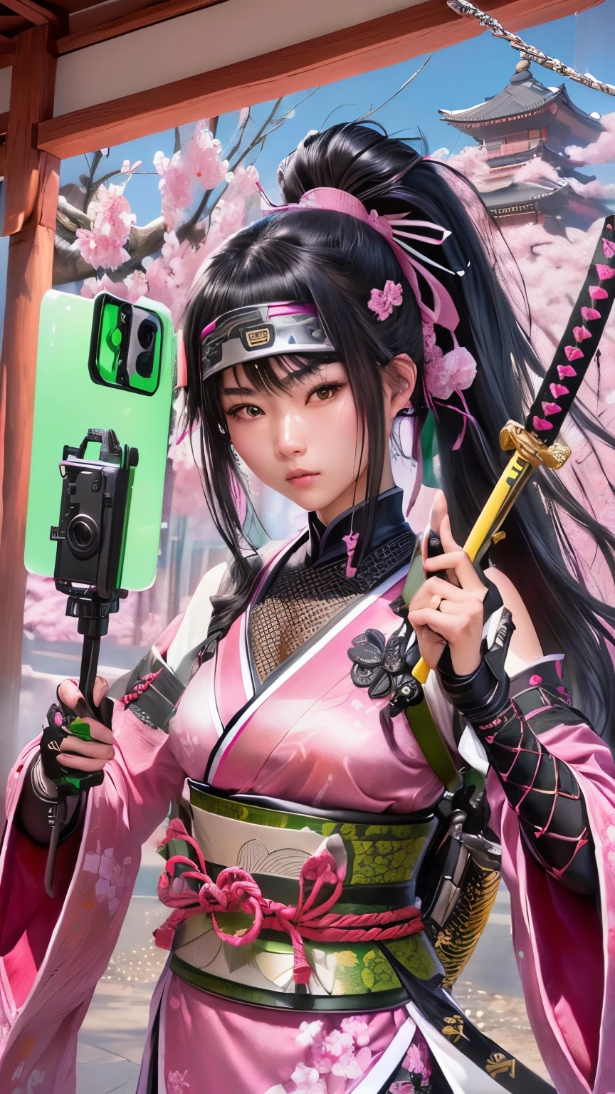 Realistic live-action、Skin texture like a professional photographer、Yellow-green mobile phone、Close-up of a 16-year-old Japanese female holding a selfie stick, Photorealistic 4k, ig model | art gelm, extremely detailed art gelm, Amazing photo 8k, Pop Japonism 3d Ultra Detailed, Very beautiful ninja、Black hair ponytail hairstyle、Pink kimono、The shoulders have exposed skin、Wearing chain mail、The arms are equipped with gloves、Carrying a Japan sword on his back、