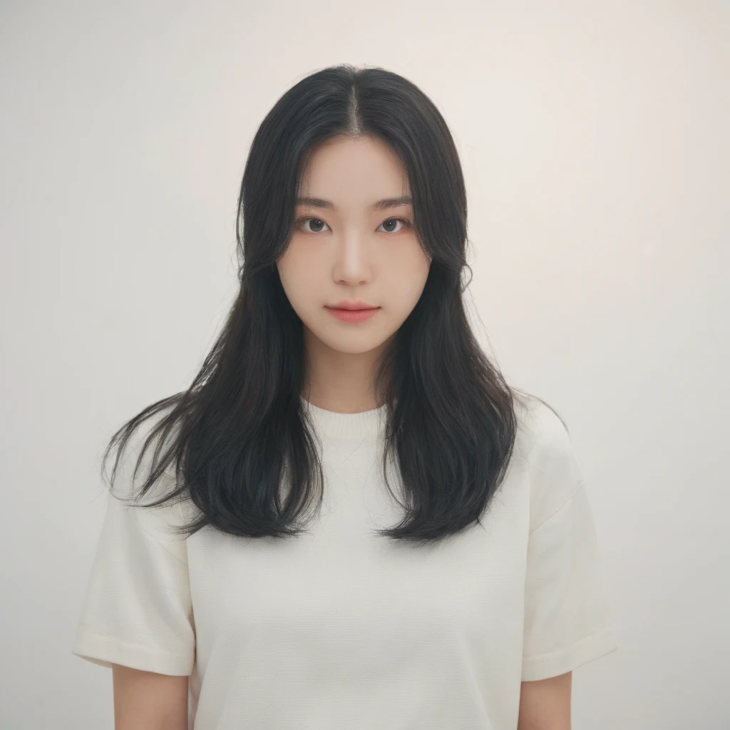 Best Quality, 8k, Masterpiece, (Portrait: 1.3), (photo realistic:1.4), (hyper realistic:1.4), Sharp Focus, looking at viewer, (smoother lighting:1.1), (increase cinematic lighting quality:0.9), realistic lighting, backlighting, light on face, ray trace, (brightening light:1.2), (Increase quality:1.4), sharp detail, (best quality real texture skin:1.4), finely detailed eyes, black_eyes, finely detailed face, 25 year old Korean woman, (pink_shirt:1.4), (Create an image maintaining the original base model hairstyle:1.5)