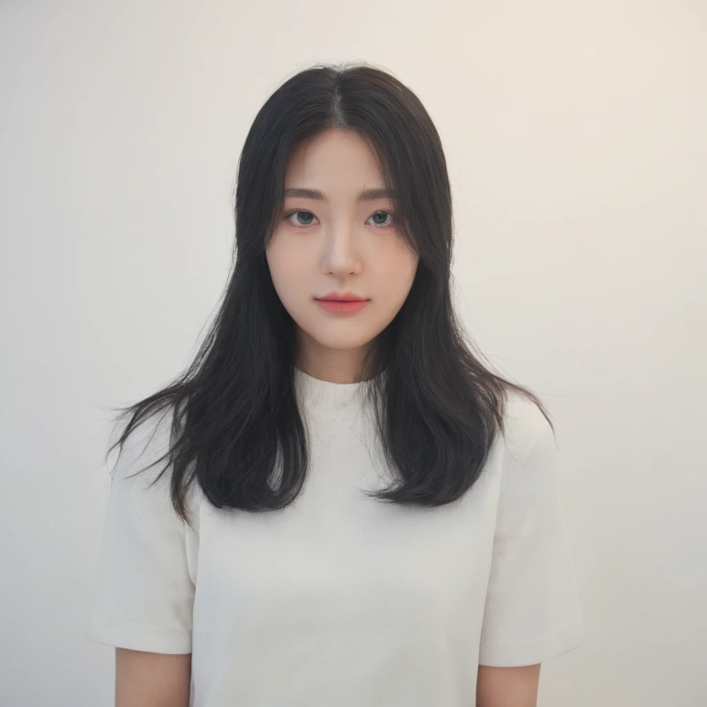 Best Quality, 8k, Masterpiece, (Portrait: 1.3), (photo realistic:1.4), (hyper realistic:1.4), Sharp Focus, looking at viewer, (smoother lighting:1.1), (increase cinematic lighting quality:0.9), realistic lighting, backlighting, light on face, ray trace, (brightening light:1.2), (Increase quality:1.4), sharp detail, (best quality real texture skin:1.4), finely detailed eyes, black_eyes, finely detailed face, 25 year old Korean woman, (pink_shirt:1.4), (Create an image maintaining the original base model hairstyle:1.5)