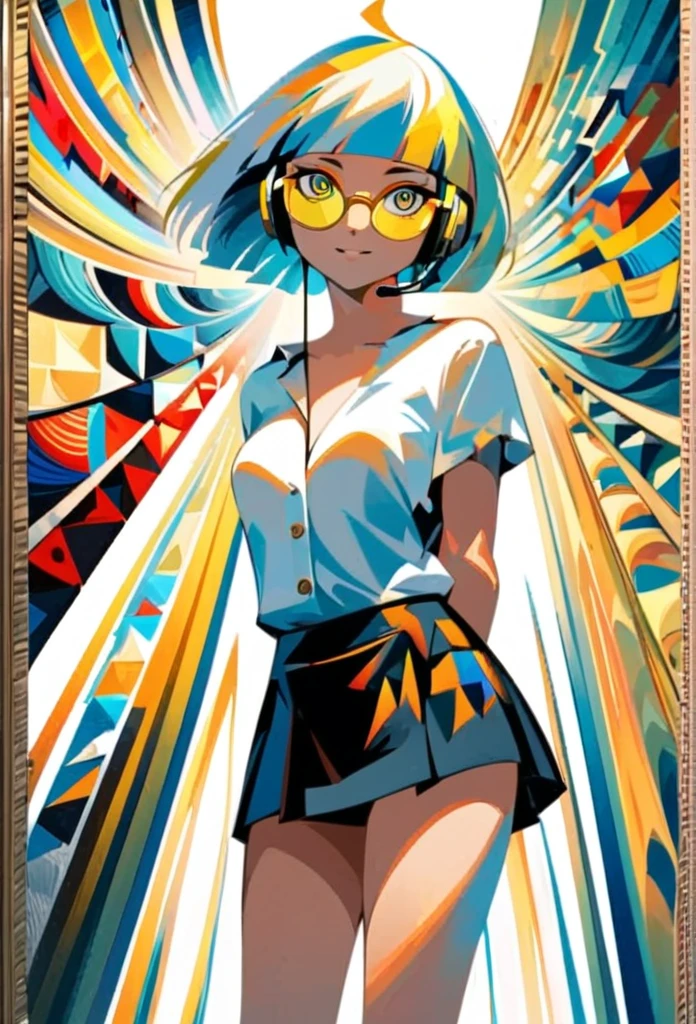 (masterpiece:1.2, best quality), 1lady, solo, , classroom, day, sit, blonde, twintails, red eyes, open collabone, darkskin, (open breasts:1.1), ((masterpiece, best quality)), (1girl), (solo), (female focus), (ahoge, white hair, short hair), black eyes, ((white shirt), (buttoned shirt)), ((black skirt), (short skirt)), standing, white background, arms behind back, (((yellow glasses:1.3))), headphone, short hair, blunt bangs,Please turn the provided image into a painting keeping the same agape face features and realistic likeness and with the following characteristics: Art Style: Flowing Picasso style. Colors: Vibrant and dynamic, using bold and contrasting colors like the photo Details: Emphasize abstract shapes and flowing lines to capture the essence of her features. Mood: Artistic and expressive, with a surreal and imaginative touch. Background: Complementary to the Picasso style, potentially with abstract elements or patterns. Note: The final image should creatively reinterpret her likeness in a way that feels both unique and artistic, reminiscent of Picasso's distinctive and abstract painting style.