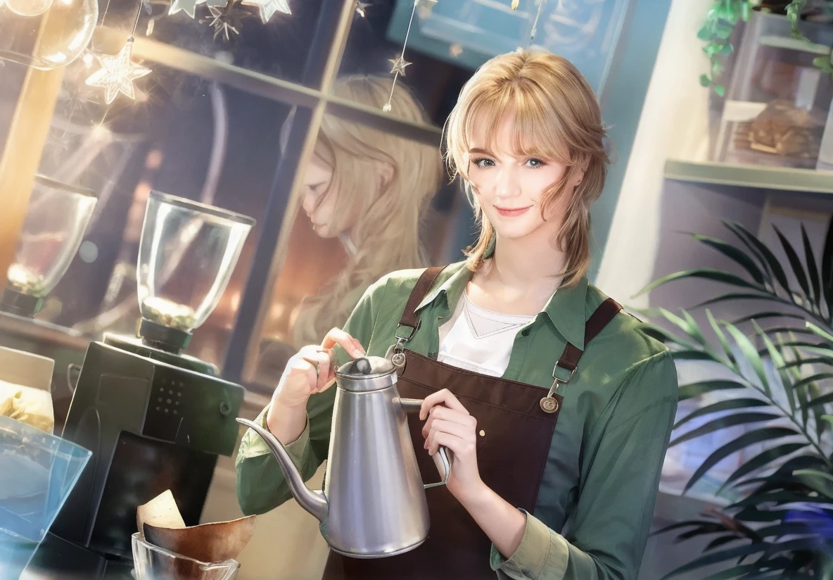 , 8k, realism,photorealism,hd,4k,8hd 
1boy, apron, brown eyes, blond hair, cup, green shirt, holding, indoors, kettle, long sleeves, looking at viewer, male focus, medium hair, mole, mole under eye, plant, potted plant, pouring, red eyes, reflection, shirt, smile, solo, star \(symbol\), teapot, upper body, white shirt, window