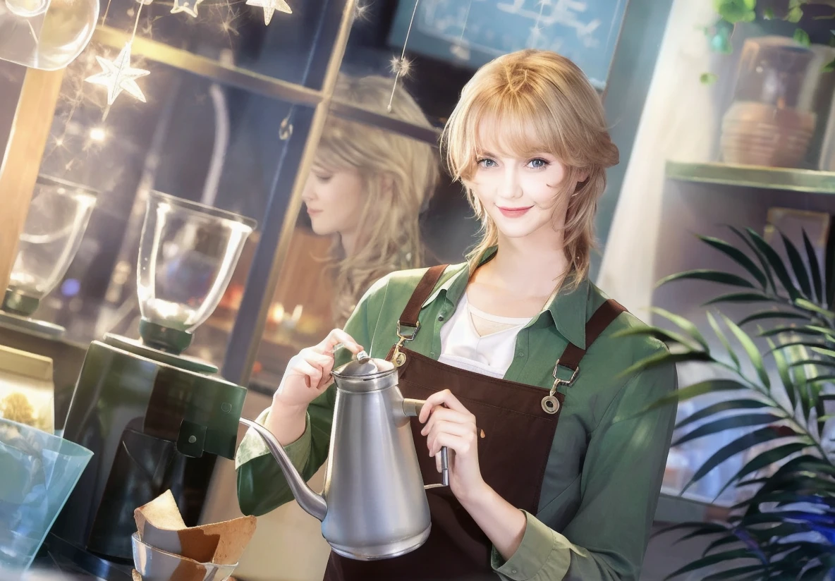 , 8k, realism,photorealism,hd,4k,8hd
1boy, apron, brown eyes, blond hair, cup, green shirt, holding, indoors, kettle, long sleeves, looking at viewer, male focus, medium hair, mole, mole under eye, plant, potted plant, pouring, red eyes, reflection, shirt, smile, solo, star \(symbol\), teapot, upper body, white shirt, window