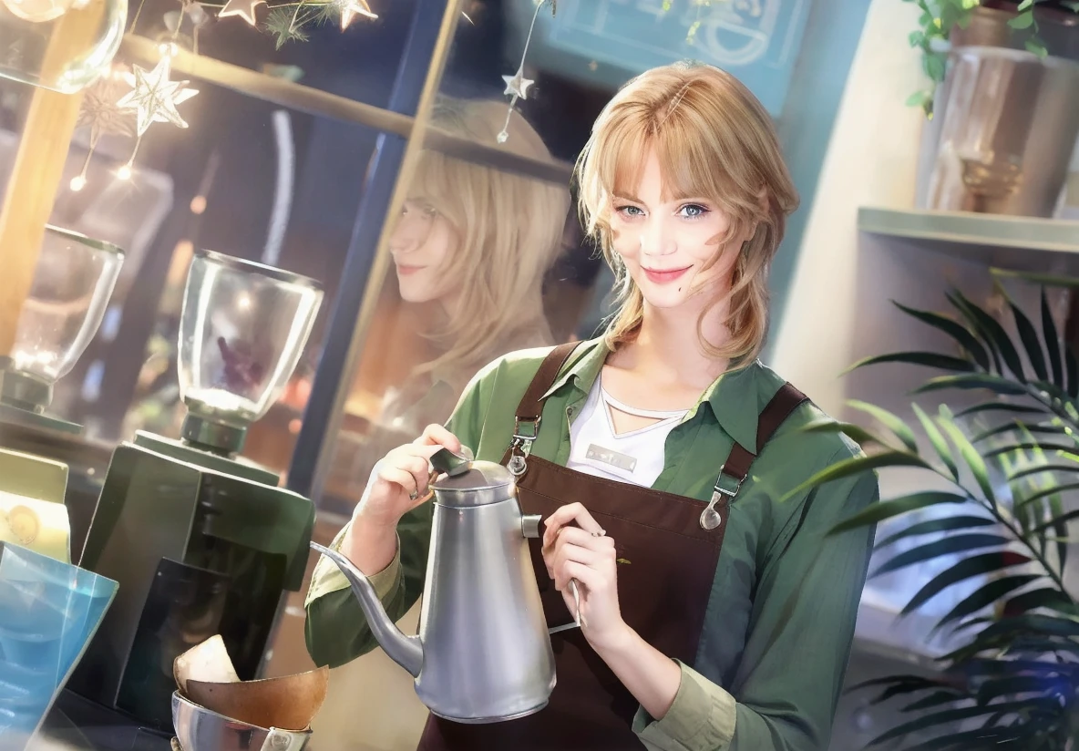 , 8k, realism,photorealism,hd,4k,8hd 
1boy, apron, brown eyes, blond hair, cup, green shirt, holding, indoors, kettle, long sleeves, looking at viewer, male focus, medium hair, mole, mole under eye, plant, potted plant, pouring, red eyes, reflection, shirt, smile, solo, star \(symbol\), teapot, upper body, white shirt, window