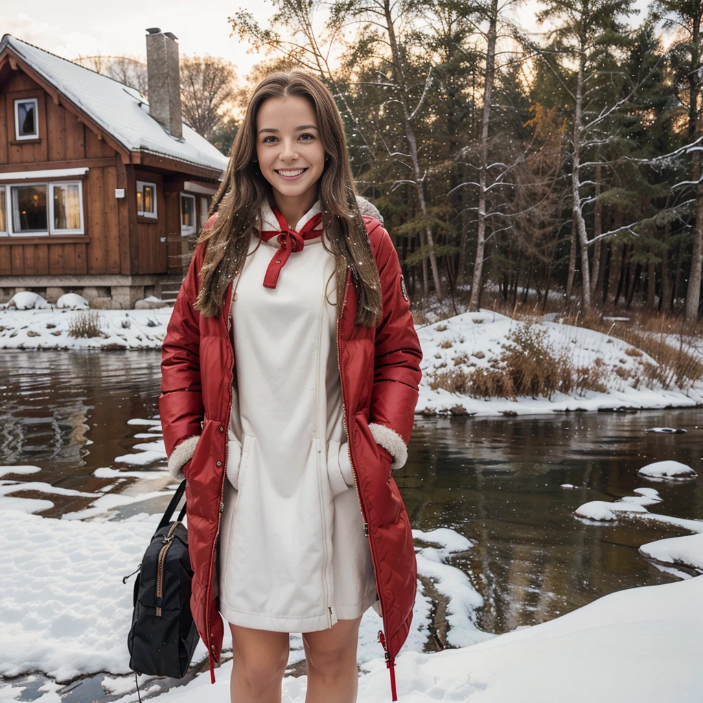 Make a german girl with medium breast, long hair, brown hair, Red long winterjacket , smiling, with open zipper, with face, body, Lakeside house, travel bag,Nude woman standing in the snow wearing a red dress