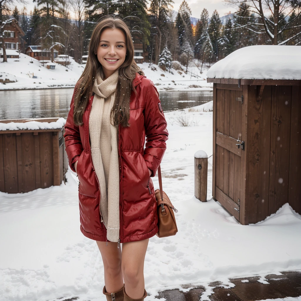 Make a german girl with medium breast, long hair, brown hair, Red long winterjacket , smiling, with open zipper, with face, body, Lakeside house, travel bag,Nude woman standing in the snow wearing a red dress