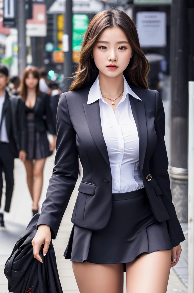 a 18 year old girl, she is the most beautiful actress in the world, the perfect body proportions of this girl, the tight blazer for a female is firmly covering formal shirt which is worn on her upper body with its large breasts, the panties between her legs are seen just a little thanks to the short skirt is too short, her bare thighs, standing, at the city street, best quality, highly detailed, masterpiece, ultra high res, photo realistic, 8k