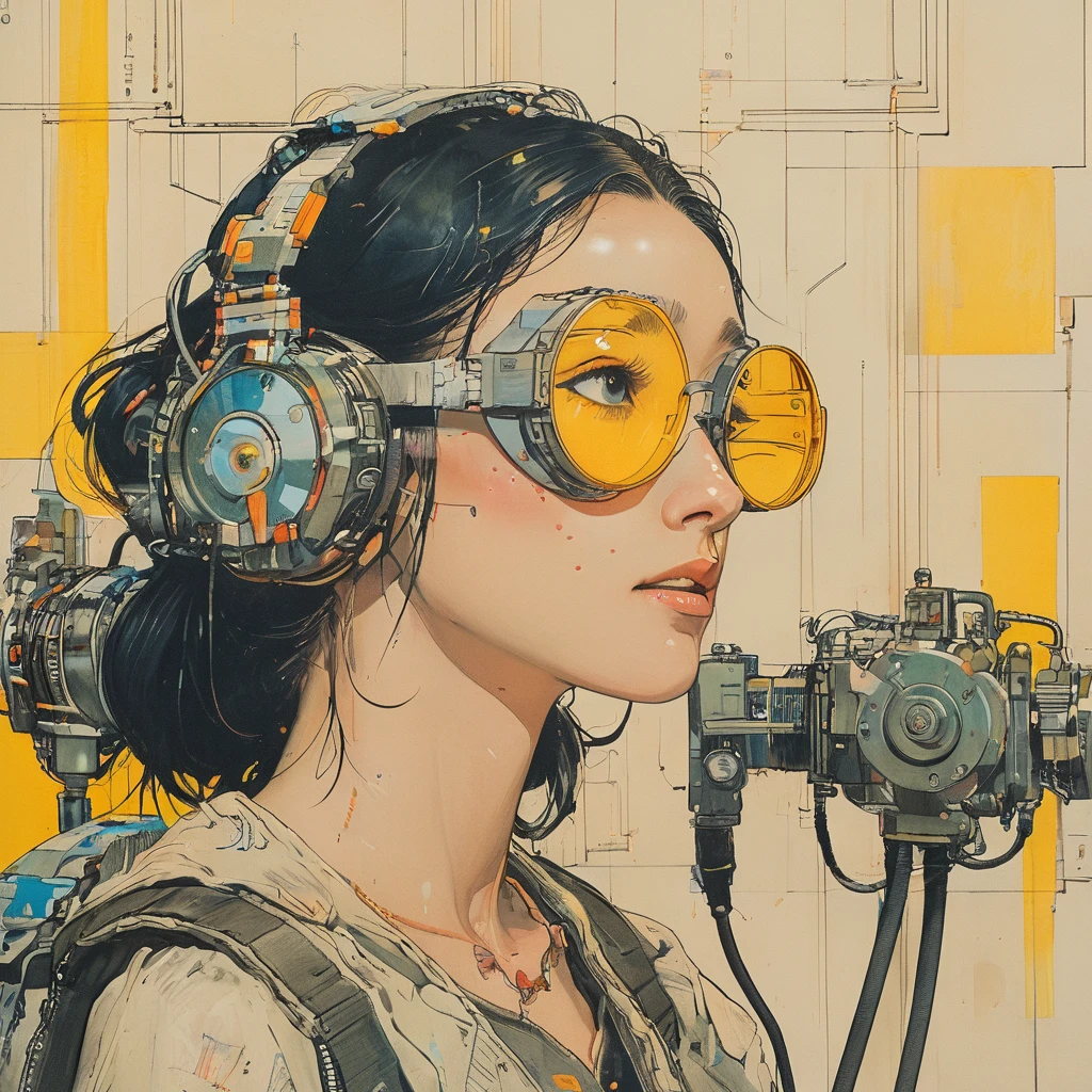 ((Best quality)), ((masterpiece)), (detailed:1.4), 3D, an image of a beautiful cyberpunk female,HDR (High Dynamic Range),Ray Tracing,NVIDIA RTX,Super-Resolution,Unreal 5,Subsurface scattering,PBR Texturing,Post-processing,Anisotropic Filtering,Depth-of-field,Maximum clarity and sharpness,Multi-layered textures,Albedo and Specular maps,Surface shading,Accurate simulation of light-material interaction,Perfect proportions,Octane Render,Two-tone lighting,Wide aperture,Low ISO,White balance,Rule of thirds,8K RAW、(((yellow glasses:1.3))), headphone, short hair, blunt bangs,Please turn the provided image into a painting keeping the same agape face features and realistic likeness and with the following characteristics: Art Style: Flowing Picasso style. Colors: Vibrant and dynamic, using bold and contrasting colors like the photo Details: Emphasize abstract shapes and flowing lines to capture the essence of her features. Mood: Artistic and expressive, with a surreal and imaginative touch. Background: Complementary to the Picasso style, potentially with abstract elements or patterns. Note: The final image should creatively reinterpret her likeness in a way that feels both unique and artistic, reminiscent of Picasso's distinctive and abstract painting style.