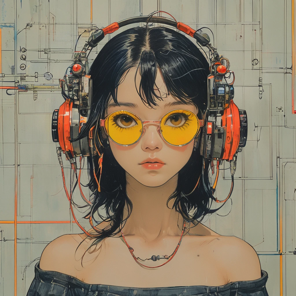 ((Best quality)), ((masterpiece)), (detailed:1.4), 3D, an image of a beautiful cyberpunk female,HDR (High Dynamic Range),Ray Tracing,NVIDIA RTX,Super-Resolution,Unreal 5,Subsurface scattering,PBR Texturing,Post-processing,Anisotropic Filtering,Depth-of-field,Maximum clarity and sharpness,Multi-layered textures,Albedo and Specular maps,Surface shading,Accurate simulation of light-material interaction,Perfect proportions,Octane Render,Two-tone lighting,Wide aperture,Low ISO,White balance,Rule of thirds,8K RAW、(((yellow glasses:1.3))), headphone, short hair, blunt bangs,Please turn the provided image into a painting keeping the same agape face features and realistic likeness and with the following characteristics: Art Style: Flowing Picasso style. Colors: Vibrant and dynamic, using bold and contrasting colors like the photo Details: Emphasize abstract shapes and flowing lines to capture the essence of her features. Mood: Artistic and expressive, with a surreal and imaginative touch. Background: Complementary to the Picasso style, potentially with abstract elements or patterns. Note: The final image should creatively reinterpret her likeness in a way that feels both unique and artistic, reminiscent of Picasso's distinctive and abstract painting style.