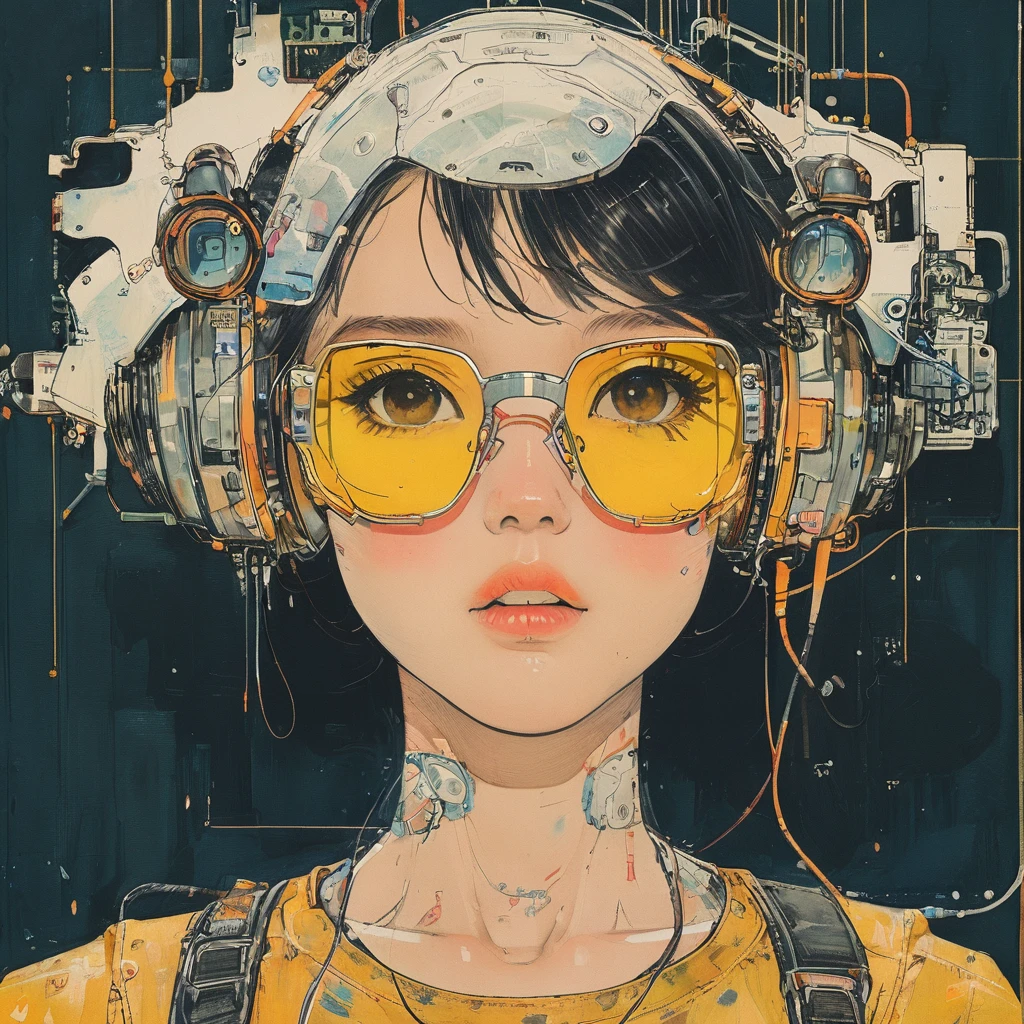 ((Best quality)), ((masterpiece)), (detailed:1.4), 3D, an image of a beautiful cyberpunk female,HDR (High Dynamic Range),Ray Tracing,NVIDIA RTX,Super-Resolution,Unreal 5,Subsurface scattering,PBR Texturing,Post-processing,Anisotropic Filtering,Depth-of-field,Maximum clarity and sharpness,Multi-layered textures,Albedo and Specular maps,Surface shading,Accurate simulation of light-material interaction,Perfect proportions,Octane Render,Two-tone lighting,Wide aperture,Low ISO,White balance,Rule of thirds,8K RAW、(((yellow glasses:1.3))), headphone, short hair, blunt bangs,Please turn the provided image into a painting keeping the same agape face features and realistic likeness and with the following characteristics: Art Style: Flowing Picasso style. Colors: Vibrant and dynamic, using bold and contrasting colors like the photo Details: Emphasize abstract shapes and flowing lines to capture the essence of her features. Mood: Artistic and expressive, with a surreal and imaginative touch. Background: Complementary to the Picasso style, potentially with abstract elements or patterns. Note: The final image should creatively reinterpret her likeness in a way that feels both unique and artistic, reminiscent of Picasso's distinctive and abstract painting style.