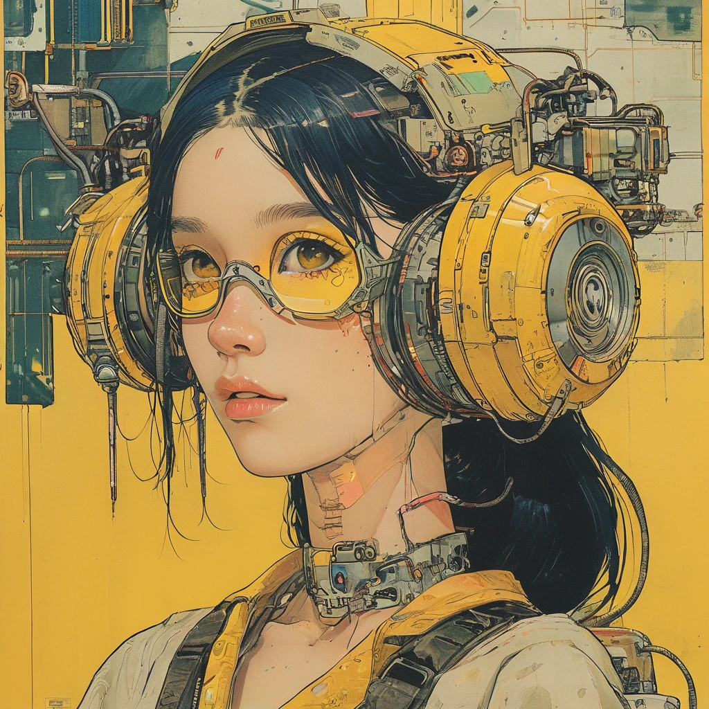 ((Best quality)), ((masterpiece)), (detailed:1.4), 3D, an image of a beautiful cyberpunk female,HDR (High Dynamic Range),Ray Tracing,NVIDIA RTX,Super-Resolution,Unreal 5,Subsurface scattering,PBR Texturing,Post-processing,Anisotropic Filtering,Depth-of-field,Maximum clarity and sharpness,Multi-layered textures,Albedo and Specular maps,Surface shading,Accurate simulation of light-material interaction,Perfect proportions,Octane Render,Two-tone lighting,Wide aperture,Low ISO,White balance,Rule of thirds,8K RAW、(((yellow glasses:1.3))), headphone, short hair, blunt bangs,Please turn the provided image into a painting keeping the same agape face features and realistic likeness and with the following characteristics: Art Style: Flowing Picasso style. Colors: Vibrant and dynamic, using bold and contrasting colors like the photo Details: Emphasize abstract shapes and flowing lines to capture the essence of her features. Mood: Artistic and expressive, with a surreal and imaginative touch. Background: Complementary to the Picasso style, potentially with abstract elements or patterns. Note: The final image should creatively reinterpret her likeness in a way that feels both unique and artistic, reminiscent of Picasso's distinctive and abstract painting style.