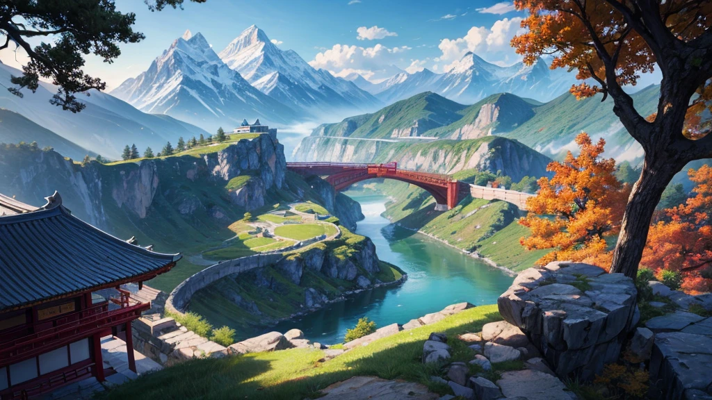 The painting depicts a traditional East Asian landscape with soaring rocky mountains studded with trees, The waterfall falls into the river flowing over the curved bridge, and many fall-colored trees at the foot of the mountain. In the sky there were two white birds flying and on the top of the mountain there was a small temple. The sky is painted gently to create the feeling of fog or clouds. The upper right corner of the picture has Chinese characters, could be the artist&#39;s signature or a poem related to the work.