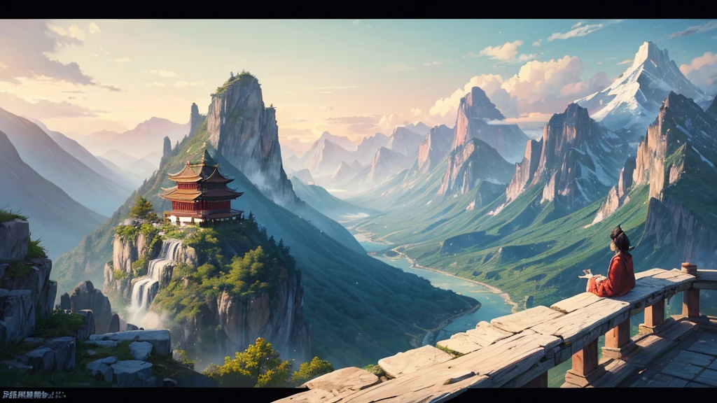 The painting depicts a traditional East Asian landscape with soaring rocky mountains studded with trees, The waterfall falls into the river flowing over the curved bridge, and many fall-colored trees at the foot of the mountain. In the sky there were two white birds flying and on the top of the mountain there was a small temple. The sky is painted gently to create the feeling of fog or clouds. The upper right corner of the picture has Chinese characters, could be the artist's signature or a poem related to the work.