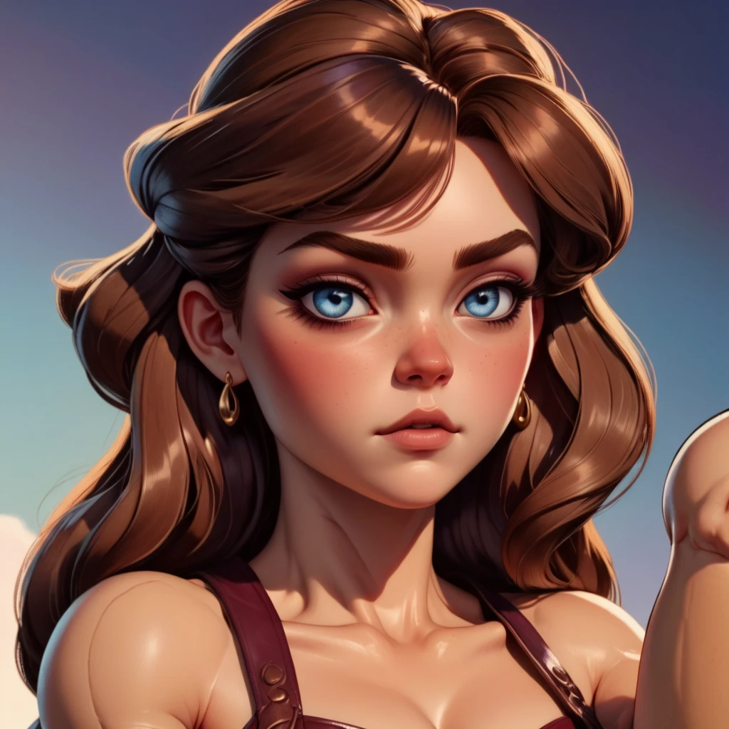 (masterpiece:1.2), (best quality), (ultra detailed), (8k, 4k, intricate),(full-body-shot:1), (highly detailed:1.2),(detailed face:1.2), (detailed background), muscle girlflexing muscles wearing red top, her hair a rich chestnut brown, giving her a dynamic and youthful appearance, muscle woman, big muscles, huge muscles, massive muscles, muscle girl, Her facial features are a mix of determination and kindness, with expressive eyes that radiate a sense of adventure