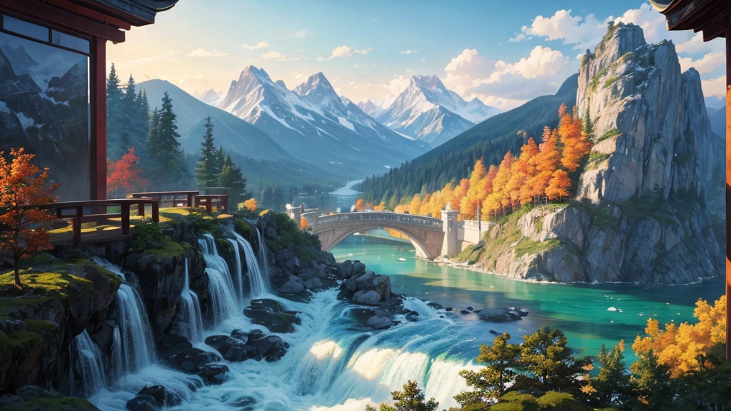 The painting depicts a traditional East Asian landscape with soaring rocky mountains studded with trees, The waterfall falls into the river flowing over the curved bridge, and many fall-colored trees at the foot of the mountain. In the sky there were two white birds flying and on the top of the mountain there was a small temple. The sky is painted gently to create the feeling of fog or clouds. The upper right corner of the picture has Chinese characters, could be the artist's signature or a poem related to the work.