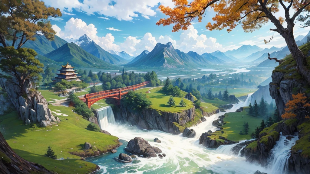 The painting depicts a traditional East Asian landscape with soaring rocky mountains studded with trees, The waterfall falls into the river flowing over the curved bridge, and many fall-colored trees at the foot of the mountain. In the sky there were two white birds flying and on the top of the mountain there was a small temple. The sky is painted gently to create the feeling of fog or clouds. The upper right corner of the picture has Chinese characters, could be the artist's signature or a poem related to the work.
