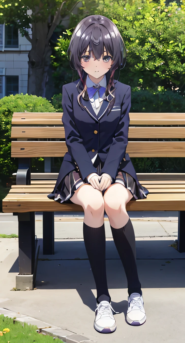 high quality, masterpiece, High resolution, (Head to Toe full body), front, frontComposition from slightly below, Symmetric, Tall 18 year old girl, alone, (Head to Toe), (Small breasts), Black Hair, bangs, (sneakers),(black tights) (Sit with your legs apart), (Crouching pose), (Sit on a bench with your legs spread), (M-shaped feet),、 Thin legs, Very beautiful tall 18 year old girl, (), blush, Shy big eyes, Looking into the camera, blazer uniform, Checkered Pleated Skirt