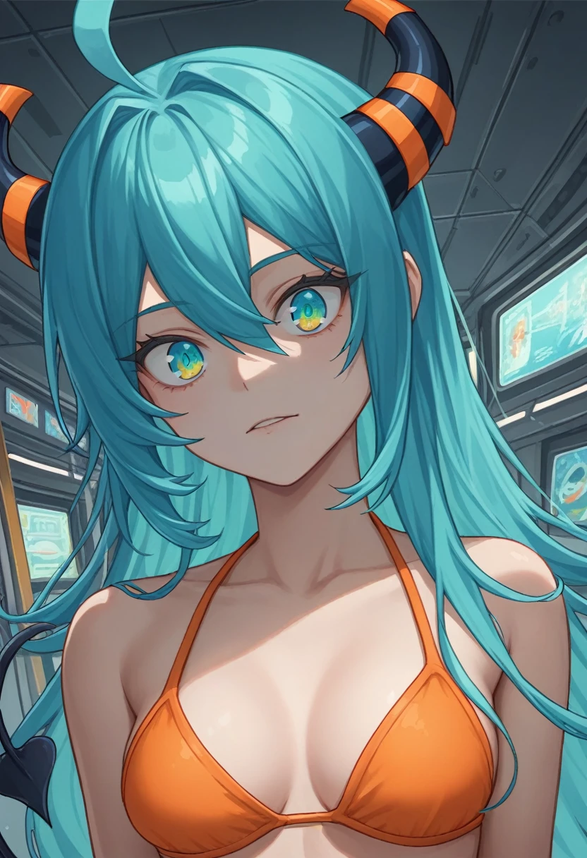 score_9, score_8_up, score_7_up,1 daemon woman, black demon horns, black demon tail, (aquamarine hair),aquamarine green color hair,ahoge, long hair, (long hair),bangs, light orange bikini, bikini is orange, bikini orange, orange bikini!, (aquamarine eyes), background is spaceship, aquamarine eyes, 1woman ,facing viewer, daemon girl, close up,Well-endowed, alone, Spacecraft interior