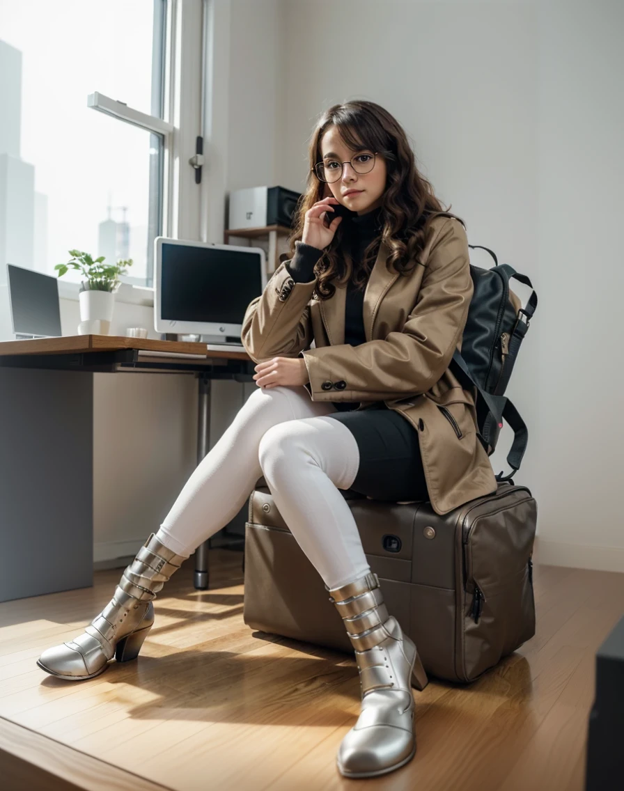 humanoid robot with an elegant design, equipped with a large coat full of compartments and pockets, attached backpack, short wires similar to curly hair, modern thick-rimmed glasses for sensors, robust and elegant metallic legs that resemble boots, confident and determined posture, sitting with a computer, soft and natural lighting, realistic textures on the coat and backpack, high resolution and image quality, vibrant colors and well-defined contrast, against a 100% white background