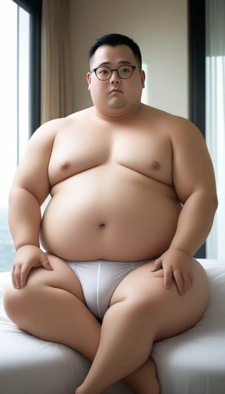 A fat man,Big eyes,Black round glasses,short hair,Round inches,Big round face,Very large and well-developed chest muscles,Big full belly,Sitting on the bedside of the hotel glass window curtain,The upper body is bare,Wearing briefs with bulge in the crotch,Oriental male,Full body front view